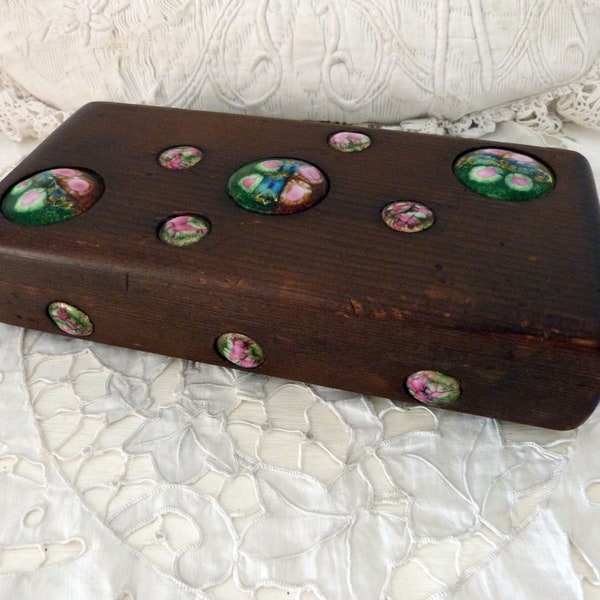 Vintage French wooden box w enameled cabuchon bead decor, rare keepsake letter money jewelry or trinket box, vintage home decor