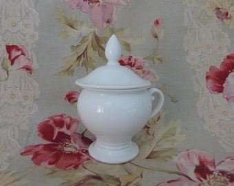 Antique French cream or chocolate pot w lid, white glazed pottery handmade white glazed faience pot, farmhouse country cottage kitchen decor
