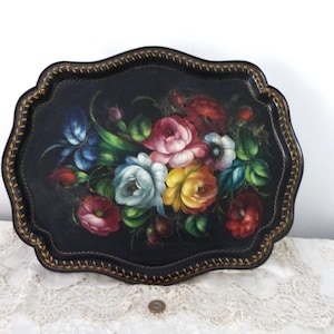 Vintage Russian hand painted metal tole tray, big black lacquered scaloped rectangle tray w floral design of roses, great gift for hostess
