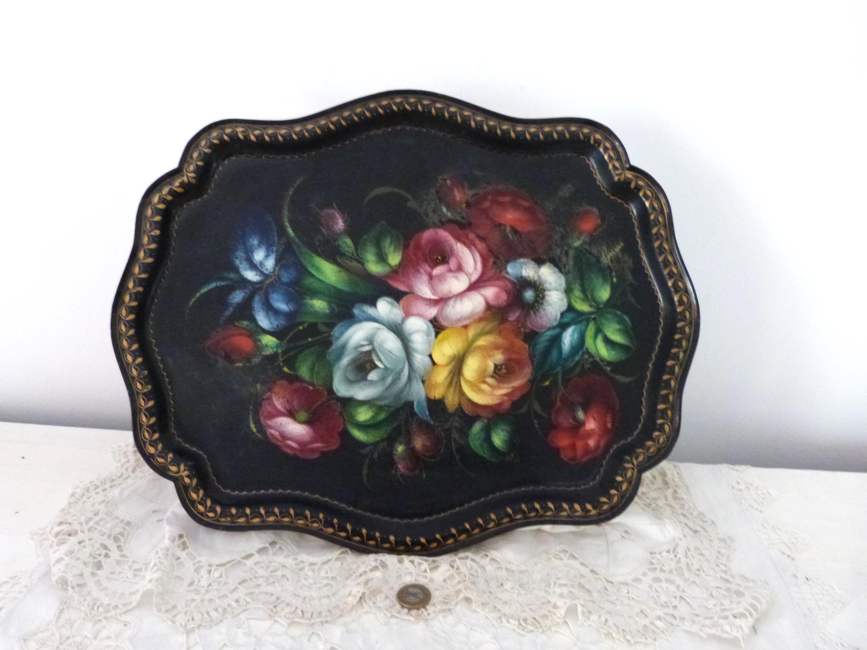 Plateau JOSTOVO 35 x 24 cm Russie métal rouge fleurs peint