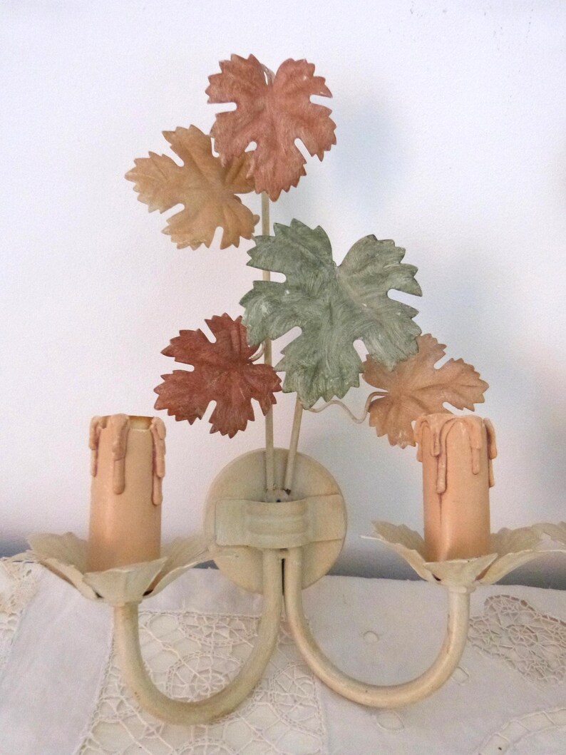 Vintage French tole wall sconces lamps PAIR wallsconces w wine leaves toleware lighting wall fixtures French country cottage wallsconces image 2