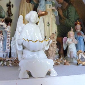 Antique Holy water font w angel cherub putti stoup, French 1900s religious gilded white porcelain religious devotional art gift