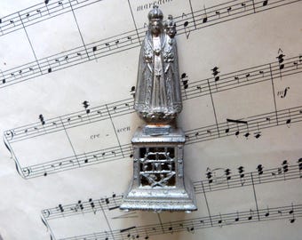 Madonna with child Jesus Christ statue Antique French religious our lady statue sculpture Holy Mother and child on filigree base w M cross