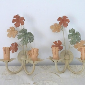 Vintage French tole wall sconces lamps PAIR wallsconces w wine leaves toleware lighting wall fixtures French country cottage wallsconces