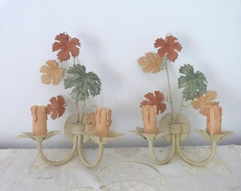Vintage French tole wall sconces lamps PAIR wallsconces w wine leaves toleware lighting wall fixtures French country cottage wallsconces