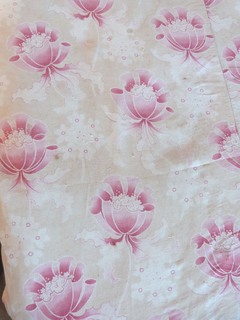 Antique French floral barkcloth fabric w flowers romantic ecru w pink fabric floral design vintage sewing fabric patchwork upholstery supply