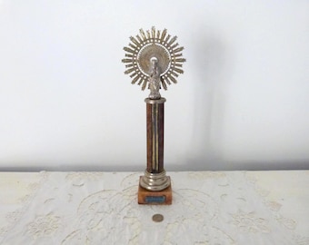 Tall vintage religious our lady of the Pillar statue sculpture Mother w infant child Jesus Christ w sun burst halo crown 1900s church decor