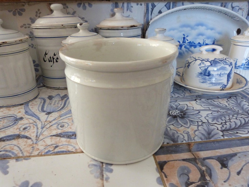 Antique pottery jar, handmade pot in white glazed earthenware Moulin des Loups, farmhouse country kitchen decoration image 3