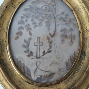 Mourning hair art frame Victorian human hair memento mori Antique French handmade relic gilded wooden frame glass, willow tree w cross 1800s image 3