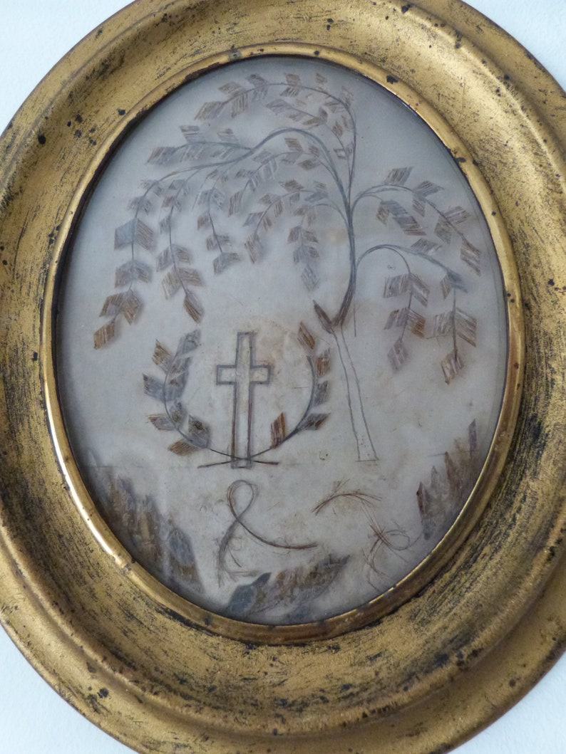 Mourning hair art frame Victorian human hair memento mori Antique French handmade relic gilded wooden frame glass, willow tree w cross 1800s image 3