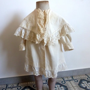 Antique French ecru hand embroidered lace christening baptism communion cope cape jacket for baby toddler, broderies Anglaises w embroidery