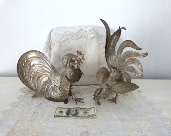 Antique French set of XL silverplated bronze sculptures fighting rooster birds Thanksgiving Christmas table decor, vintage dining table ware