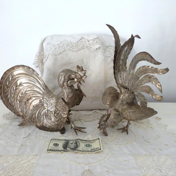 Antique French set of XL silverplated bronze sculptures fighting rooster birds Thanksgiving Christmas table decor, vintage dining table ware