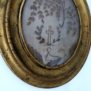 Mourning hair art frame Victorian human hair memento mori Antique French handmade relic gilded wooden frame glass, willow tree w cross 1800s image 4