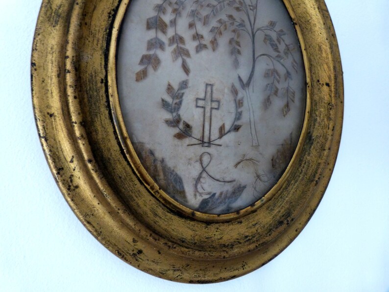 Mourning hair art frame Victorian human hair memento mori Antique French handmade relic gilded wooden frame glass, willow tree w cross 1800s image 4