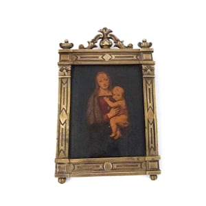 Antique bronze frame w handpainted madonna and infant child Jesus icon on leather, devotional religious painting in frame wall art gift