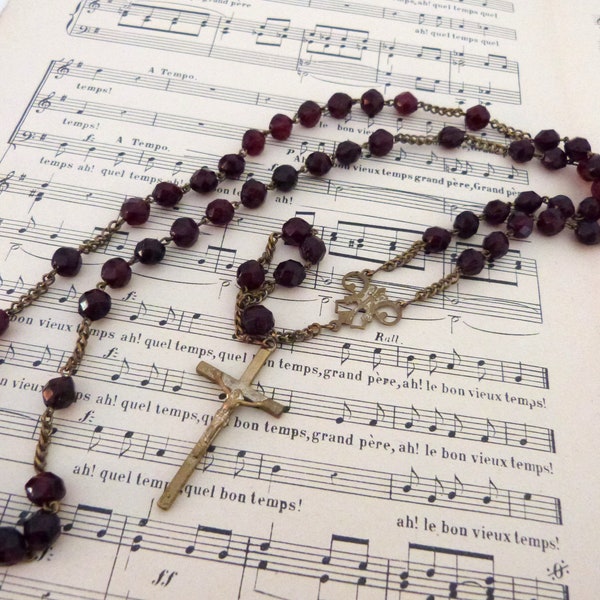 Rare Antique religious garnet stone beaded rosary necklace w crucifix cross, souvenir Lourdes, miraculous medal w Mary and fleur de lys lis