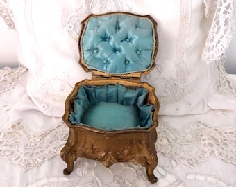 Antique French box floral spelter antique jewelry trinket box, w blue silk padded cushion, jewelry keepsake box w Louis XV commode shape