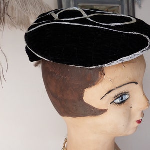 Antique French black velvet hat womans velvet hat head piece ladies pill box hat w silver metallic thread trim elegant women accessories