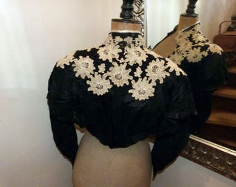 Antique French Victorian black silk w lace blouse jacket w handmade needle lace 1800s gothic steampunk clothing goth vestment made in France