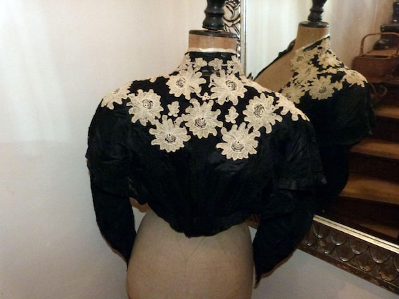 Antique French Victorian black silk w lace blouse