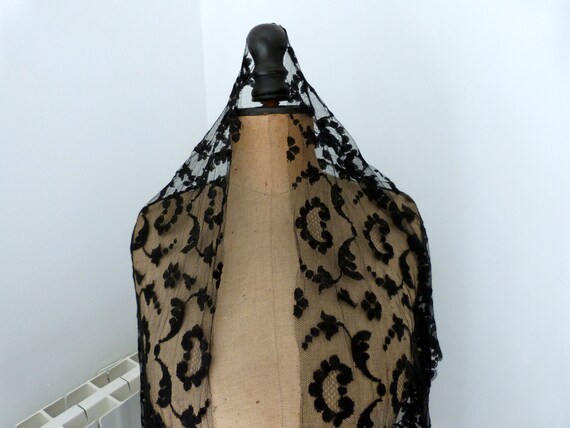 French antique black lace shawl wrap mantilla vei… - image 3