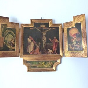 XL Antiguo tríptico italiano florentino Isenheimer, grabados de altar de la crucifixión de Jesús, icono de viaje de madera dorada, arte devocional, regalo religioso