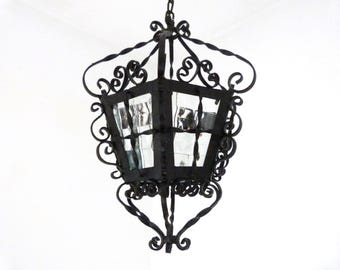 Antique French glass lantern chandelier black iron lighting hanging ceiling light lamp, rustic farmhouse country cottage gothic home decor