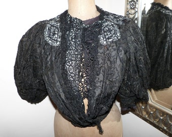 Victorian jacket blouse Antique French black needle lace boned jacket w embroidery 1800s gothic steampunk clothing goth women jacket blouse