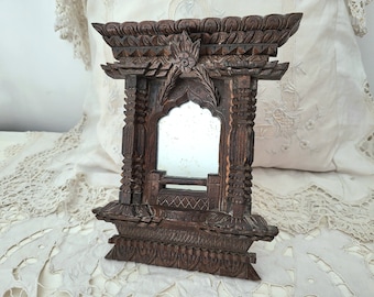 Antique French hand carved small wooden mirror tramp art decor, raised wooden mirror, rare tramp art decor frame w easel, vintage home deco