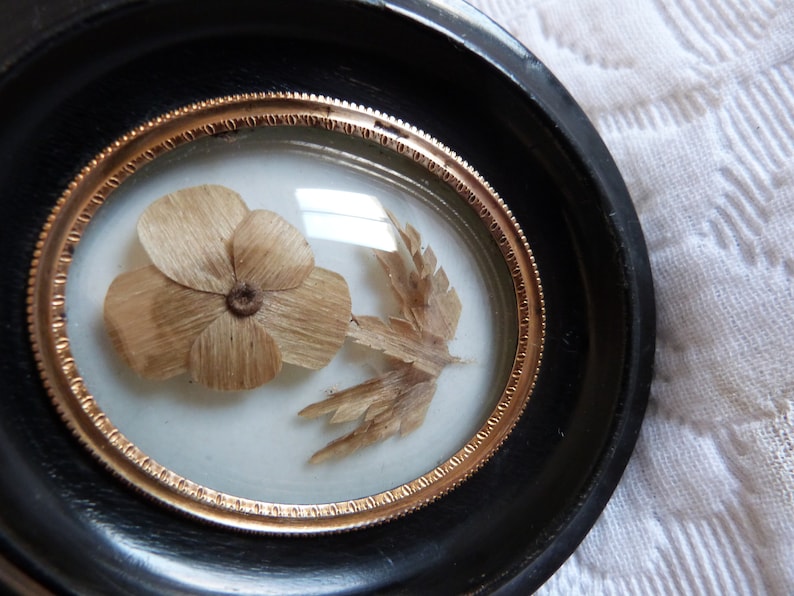 Mourning hair art frame Victorian hair memento mori Antique French handmade relic wooden frame blown glass, flower w human hair art 1800s image 6