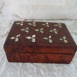Antique French 1800s burl wooden box w handmade mother of pearl inlay box, rare keepsake, stamp, money, jewelry or trinket box, gift her him