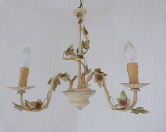 Vintage French toleware tole chandelier lamp w wine leaves, tole light lighting ceiling light fixture, country cottage chic light decor