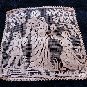Tovaglia da tavola in pizzo francese antico con madonna e bambino fatto a mano pannello in pizzo con design romantico, arredamento vintage francese biancheria da tavola GRANDE