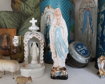 French Antique religious Holy virgin Mary statue of Lourdes madonna madonne our mother lady of Lourdes saint shabby statue w rosary cross