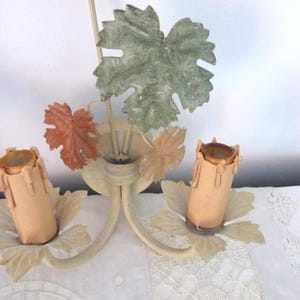 Vintage French tole wall sconces lamps PAIR wallsconces w wine leaves toleware lighting wall fixtures French country cottage wallsconces image 5