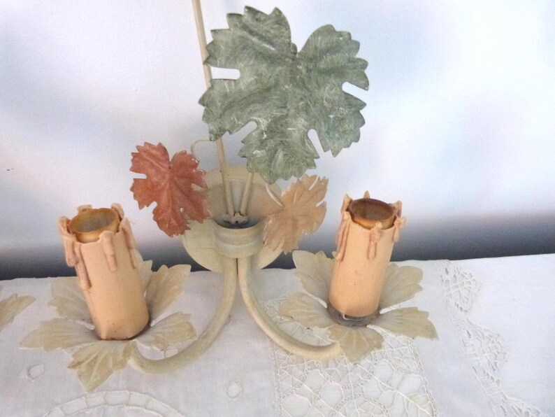 Vintage French tole wall sconces lamps PAIR wallsconces w wine leaves toleware lighting wall fixtures French country cottage wallsconces image 5