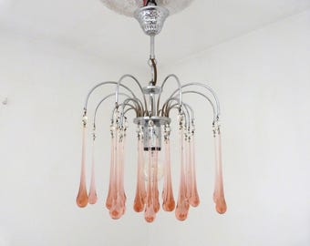 Vintage 1960s French chrome chandelier w long pink glass drops w facetted beads, rare lighting fixture ceiling light lamp French home decor