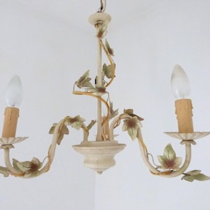 Vintage French toleware lamp chandelier with vine leaves, tole ceiling lighting, chic cottage country home  lighting decoration