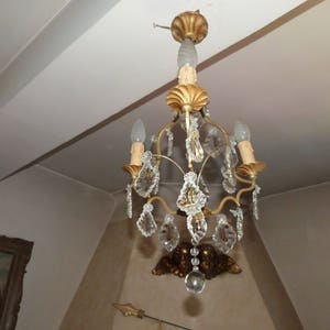 Antique 1900s French crystal prism bronze chandelier lighting fixture ceiling light Chateau boudoir lamp w bead drops, ball, facetted lustre