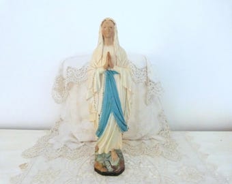 LARGE French Antique religious Holy virgin Mary statue Lourdes madonna madonne our mother lady of Lourdes saint signed statue w rosary cross