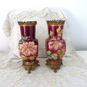 Pair Antique porcelain vases w handpainted floral enameled decor 1800s mantel vases w bronze top and feet w chinese lion heads, home decor