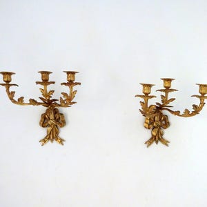 Pair Antique French 1800s gilded bronze wall sconces light lamps w bows ribbons, rare Chateau lighting fixtures home decor