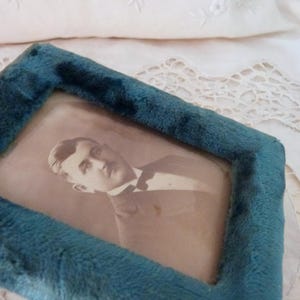 Antique French blue silk velvet picture frames w sepia picture of man, blown glass cover, 1900s Victorian picture frame, home decor gift image 8