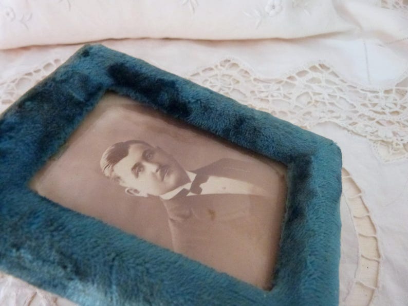 Antique French blue silk velvet picture frames w sepia picture of man, blown glass cover, 1900s Victorian picture frame, home decor gift image 8