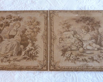 Antique French tapestry wall hanging art decor 1900s hand woven wall tapestry w romantic scene French boudoir home decor wall tapestries