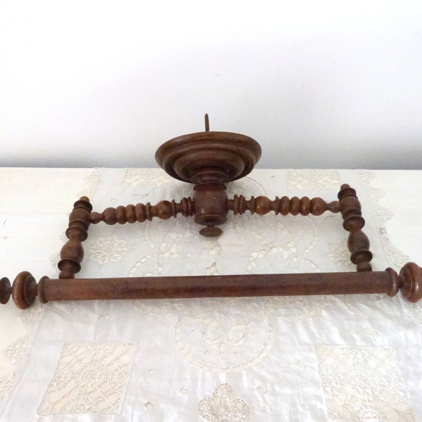 French antique towel rack rail hook or bed canopy crown, carved turned rustic wooden wall bath towel hanger or ceiling bed canopy home decor