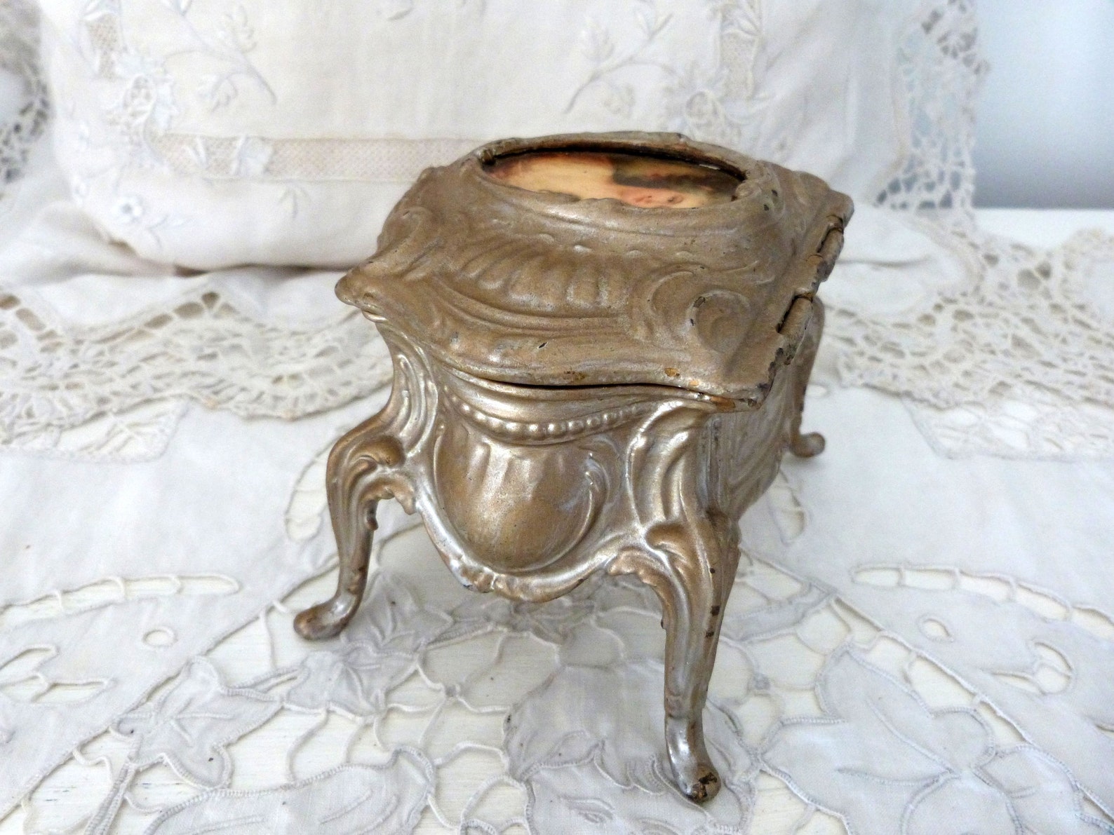 Antique French Floral Spelter Jewelry Trinket Box W Print of Etsy