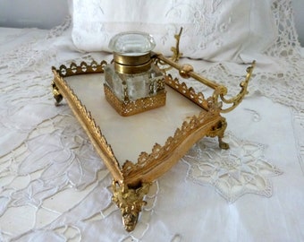 Antique French bronze with ormolu inkwell with crystal pot on onyx base and pen holder, desk writer gift from France, vintage home decor