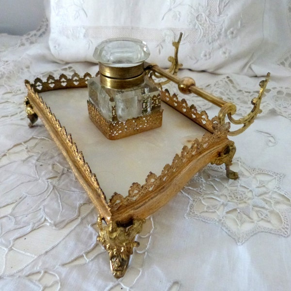 Antique French bronze with ormolu inkwell with crystal pot on onyx base and pen holder, desk writer gift from France, vintage home decor